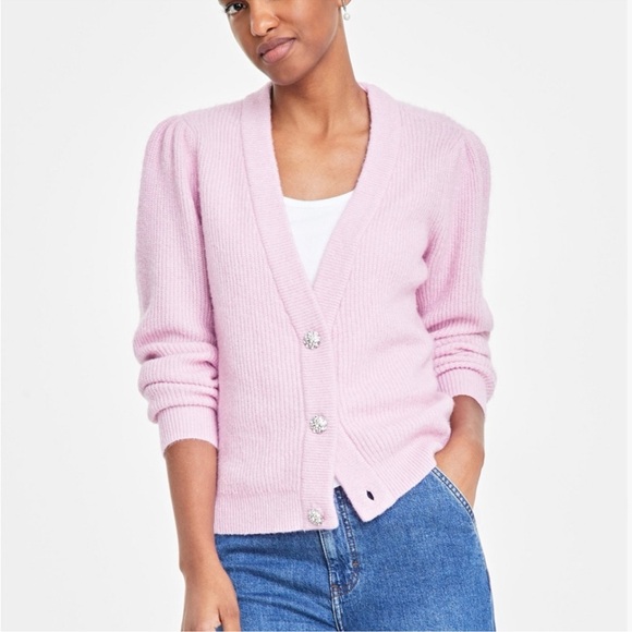 ON 34th Sweaters - On 34th Elegant Light Pink Puff Sleeve Sparkle Button-Up Cardigan